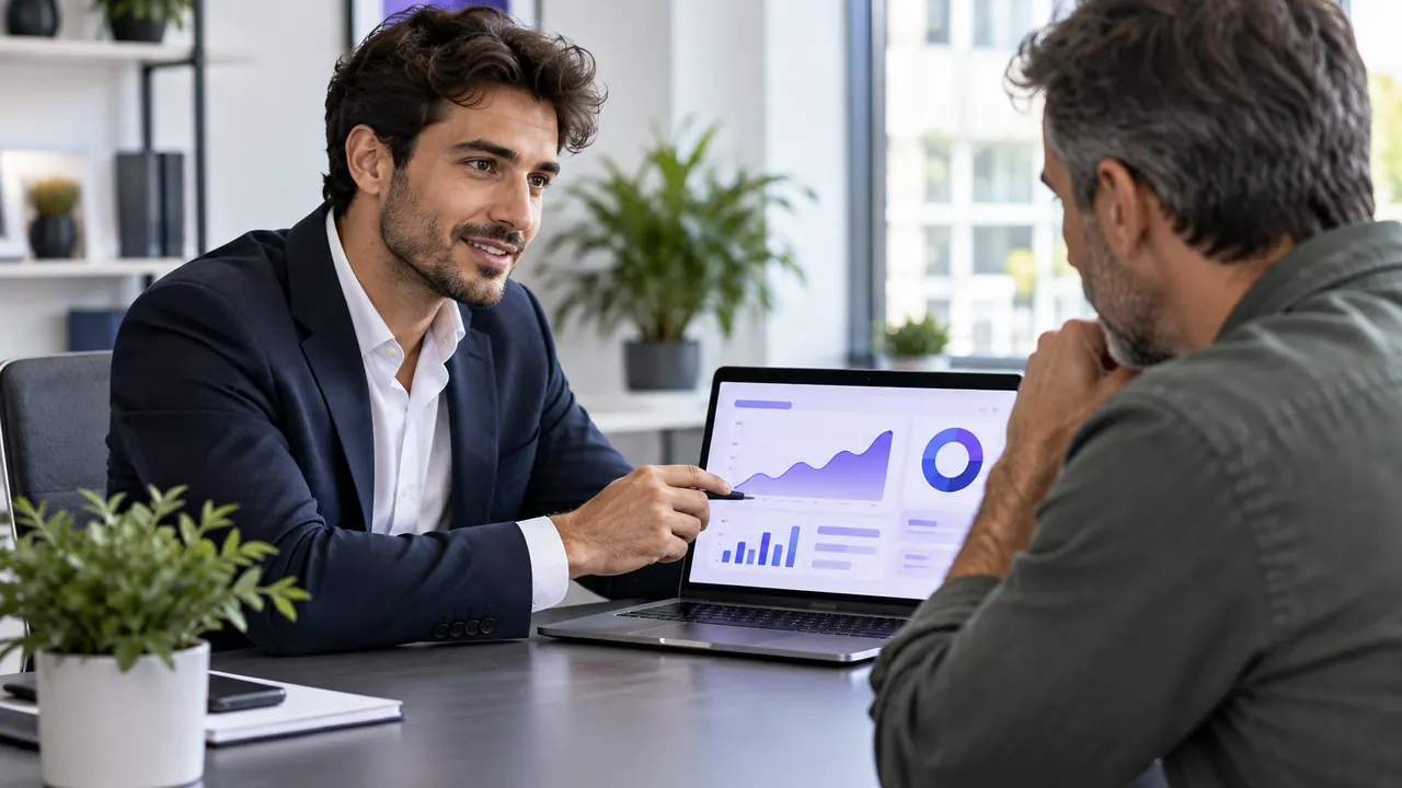 Consulente Siti Html che presenta strategia digitale e dati a un cliente durante un incontro